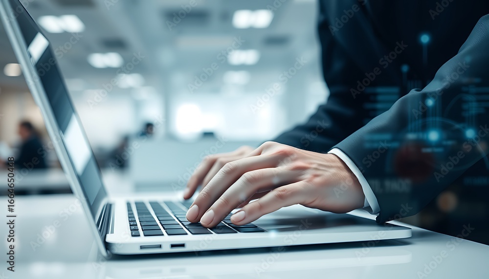 Poster person in suit using laptop with digital data overlay in office setting computer typing