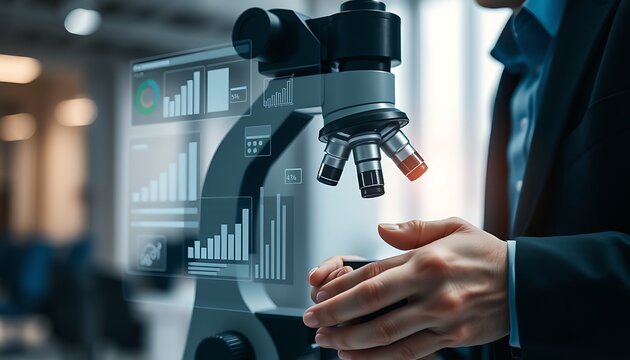 Scientist uses microscope with holographic data display for research and analysis science technology