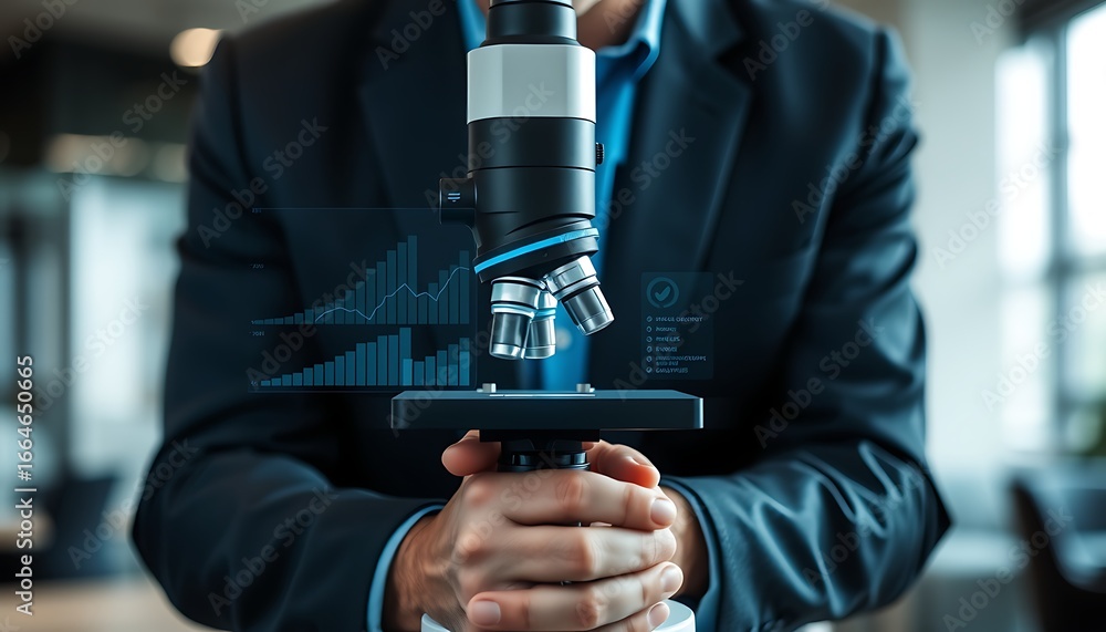 Poster person in suit holding microscope with data charts in foreground scientist laboratory