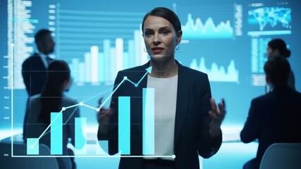 Confident female executive analyzing financial data on a futuristic augmented reality screen during a corporate meeting. - Powered by Adobe