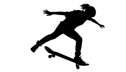 A dynamic silhouette of a person skateboarding in a powerful, airborne trick.