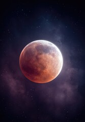 Full blood moon, fiery glow against starry night