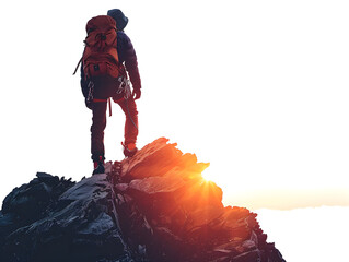 High resolution high clarity image of Silhouette of success climber on mountain peak achievement concept isolated on transparent background, studio product photo on a clean white background, isolated