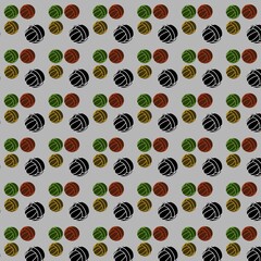 Seamless pattern of black, red, green, and gold sports balls on a gray background, suitable for decoration and digital design. 