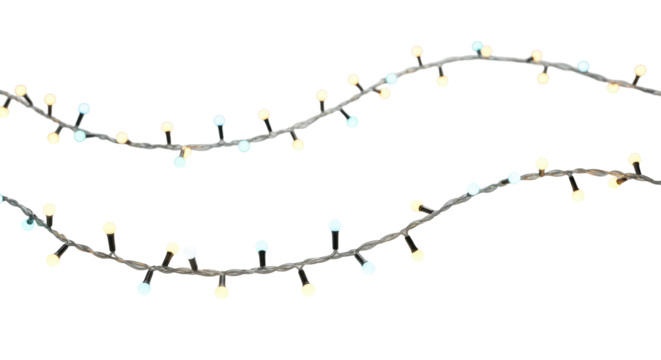Two elegant, gently curving LED string lights with glowing tech-friendly bulbs in blues, greens, whites, and purples on a bright white studio background, concept of digital innovation and connection