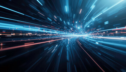 Obraz premium Dynamic Futuristic Blue and Red Lights Racing Through a Cyber Tunnel.