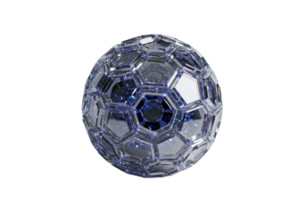 A perfectly spherical object composed of countless mirrored facets, reflecting vibrant cool-toned highlights on a transparent studio background, concept of future vision and innovation