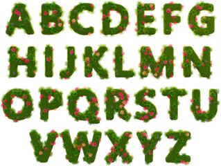 Naklejka premium 3D render alphabet made of grass and flowers, foliage lettering