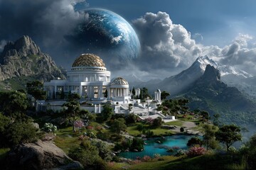 Obraz premium futuristic utopian palace with golden domes nestled in lush mountains, beneath a dramatic sky and a distant earth-like planet, surrounded by gardens, turquoise waters, and ancient architecture
