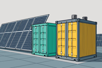 Battery storage containers alongside a solar farm in Florida.