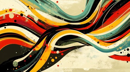 Abstract colorful wavy lines and paint splatters on textured background.