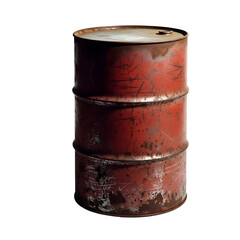 Gritty, distressed red metal drum, heavily rusted and scratched, symbolizing industrial storage, waste management, and the passage of time on a pristine white background