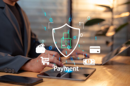 Businessperson secures digital payments. Cyber protection shield defends financial transactions, sensitive data, electronic commerce. Modern technology ensures safe secure online shopping - Powered by Adobe