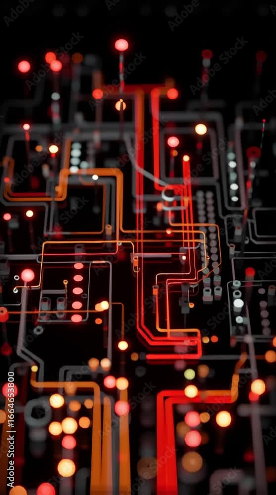 Poster intricate electronic circuit board glowing with vibrant red and yellow indicator lights showcasing m