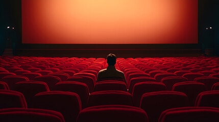 A man sitting in the cinema hall, watching a movie on the big screen. Concept of a relaxing and lonely evening at the theater