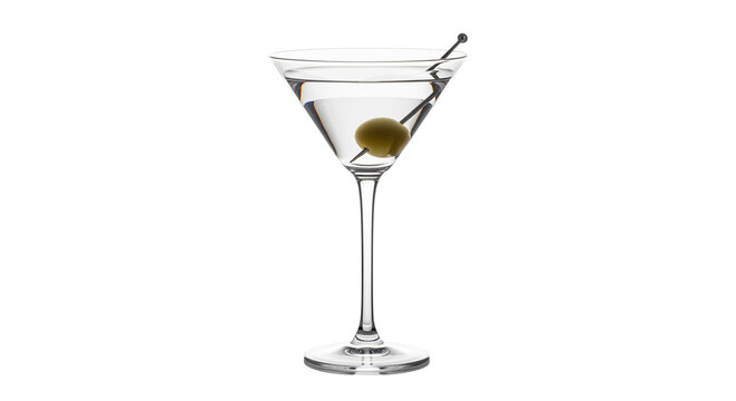 Ein elegantes Martiniglas mit klarem Martini, dekoriert mit einer gr&uuml;nen Olive, transparenter Hintergrund, PNG
