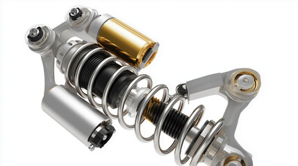 3D realistic heavy bike shock absorber rear suspension (clean modern detail, white isolated background