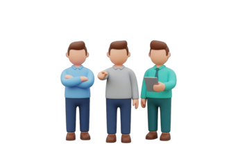 A Group of Three 3D Rendered Businessmen in Casual Attire, Standing Confidently on a Transparent Background, Perfect for Corporate Presentations and Teamwork