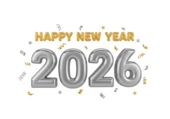 Embrace the Future A 3D Rendering of 'Happy New Year 2026' with Golden Text and Silver Numbers on a Transparent Backdrop, Perfect for New Year's Greetings