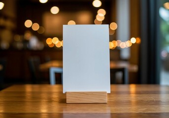 blank billboard on the beach, Blank white tent card menu holder on wooden table in cafe interior. Wooden frame displays mockup for information, design, or product placement. Soft blurred background wi