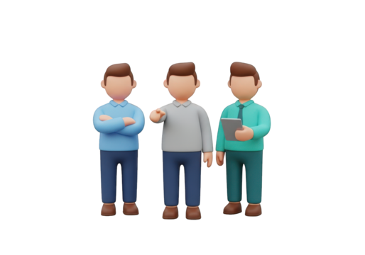 A Group of Three 3D Rendered Businessmen in Casual Attire, Standing Confidently on a Transparent Background, Perfect for Corporate Presentations and Teamwork