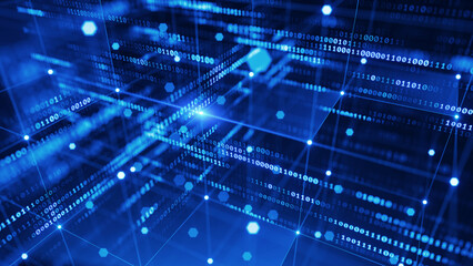 Sreaming data, binary data moving on a digital 3d space - Digital Code concept 
