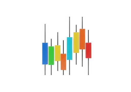 Dynamic 3D Candlestick Chart with Vibrant Colors Against a Transparent Background, Ideal for Financial Analysis and Market Trend Visualizations in Modern Designs