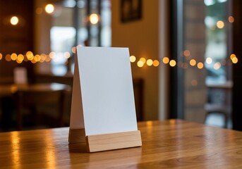 blank billboard in a restaurant, Blank white tent card menu holder on wooden table in cafe interior. Wooden frame displays mockup for information, design, or product placement. Soft blurred background