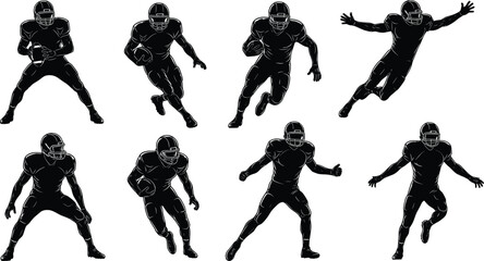 American football player silhouette set, vector illustration of athletes in action poses, black and white sports icons, NFL concept art