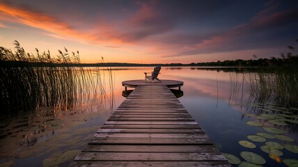 Obraz premium Serene wooden dock leads to tranquil lake at golden hour sunset sky