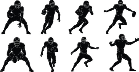 American football player silhouette set, vector illustration of athletes in action poses, black and white sports icons, NFL concept art