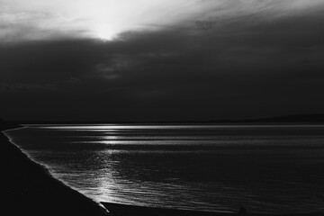 sunlight reflected on the Volga River, shot in black and white