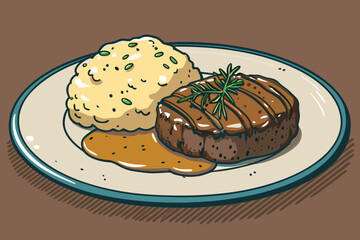 Savory beef burger steak with creamy mashed potatoes and rich gravy.