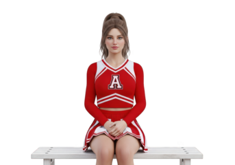 A Cheerful Cheerleader Sitting on a Bench with a Transparent Background, Ready to Support Her Team with Enthusiasm and Spirit in a Classic Red and White Uniform