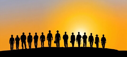 Construction workers silhouetted on hillside, sunset glowing behind, highlighting collaborative labor and day's conclusion with dramatic skyline backdrop