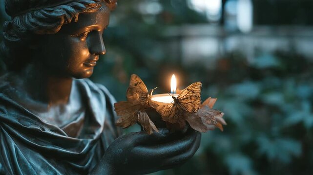 A garden statue cradles a candle, its wax flowing like rivers as moths dance around, creating a spooky Halloween atmosphere with eerie mystery, haunted charm and gothic allure.