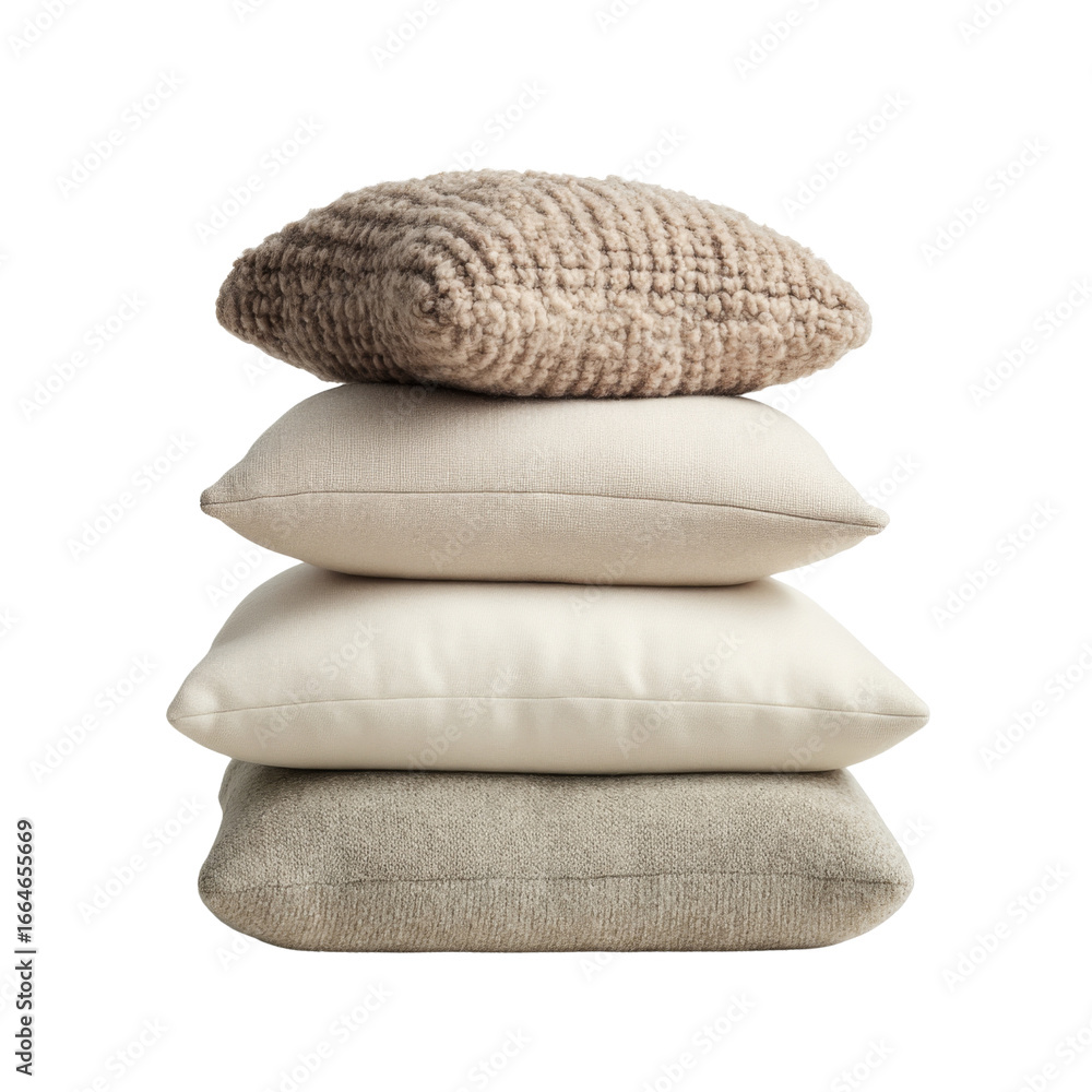 Poster soft decorative pillows stacked in neutral tones, adding warmth and comfort to any space. perfect fo