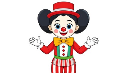 A cheerful, cartoon clown girl in a red and white striped costume, with a red top hat and welcoming gesture, is depicted against a white background.