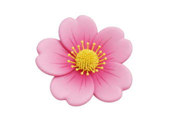 Detailed 3D Render of a Single Pink Blossom with a Vibrant Yellow Center, Isolated on a Transparent Background, Showcasing Delicate Petals and Intricate Floral Structure