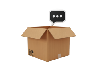 3D Illustration of Open Cardboard Box with Speech Bubble, Representing Communication, Delivery, and Customer Service in E-commerce and Logistics Operations