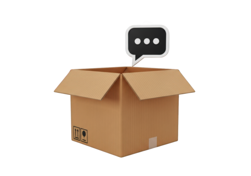 3D Illustration of Open Cardboard Box with Speech Bubble, Representing Communication, Delivery, and Customer Service in E-commerce and Logistics Operations