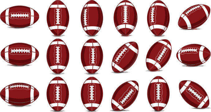 Set of red American football ball vector icons, different angles, styles, cartoon illustration, game equipment collection for sports design