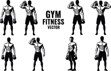 Silhouette vector set of fitness workout poses, gym exercise icons for men and women, strength training and stretching illustrations