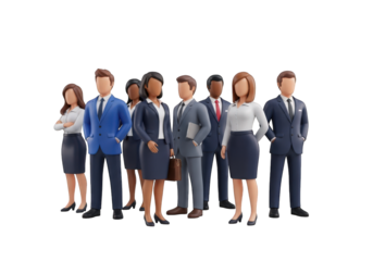 A Diverse Group of Business Professionals in Suits Standing Together in a 3D Render, Perfect for Corporate Websites and Teamwork Illustrations on a Clear Backdrop