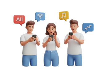 Engaging 3D Illustration of Three People Using Smartphones with Speech Bubbles, Perfect for Social Media Marketing and Communication Concepts on a Clear Backdrop