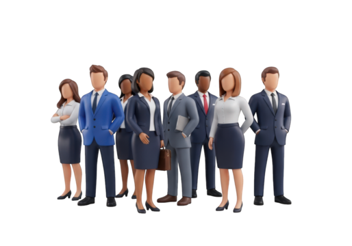 A Diverse Group of Business Professionals in Suits Standing Together in a 3D Render, Perfect for Corporate Websites and Teamwork Illustrations on a Clear Backdrop - Powered by Adobe