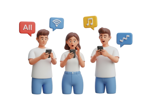 Engaging 3D Illustration of Three People Using Smartphones with Speech Bubbles, Perfect for Social Media Marketing and Communication Concepts on a Clear Backdrop