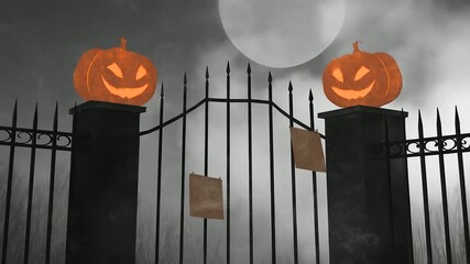 Eerie moonlit scene with gothic iron gates and glowing Halloween pumpkins, evoking a spooky atmosphere with haunted shadows, ghostly mystery and gothic Halloween charm. - Powered by Adobe