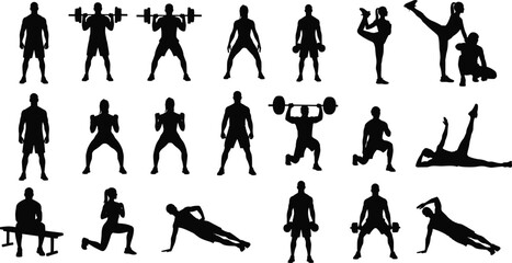 Silhouette vector set of fitness workout poses, gym exercise icons for men and women, strength training and stretching illustrations