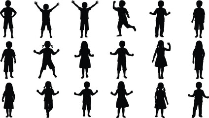 Silhouettes of children playing and walking, diverse kids in various poses, active toddlers, fun childhood, energetic kids, black and white.